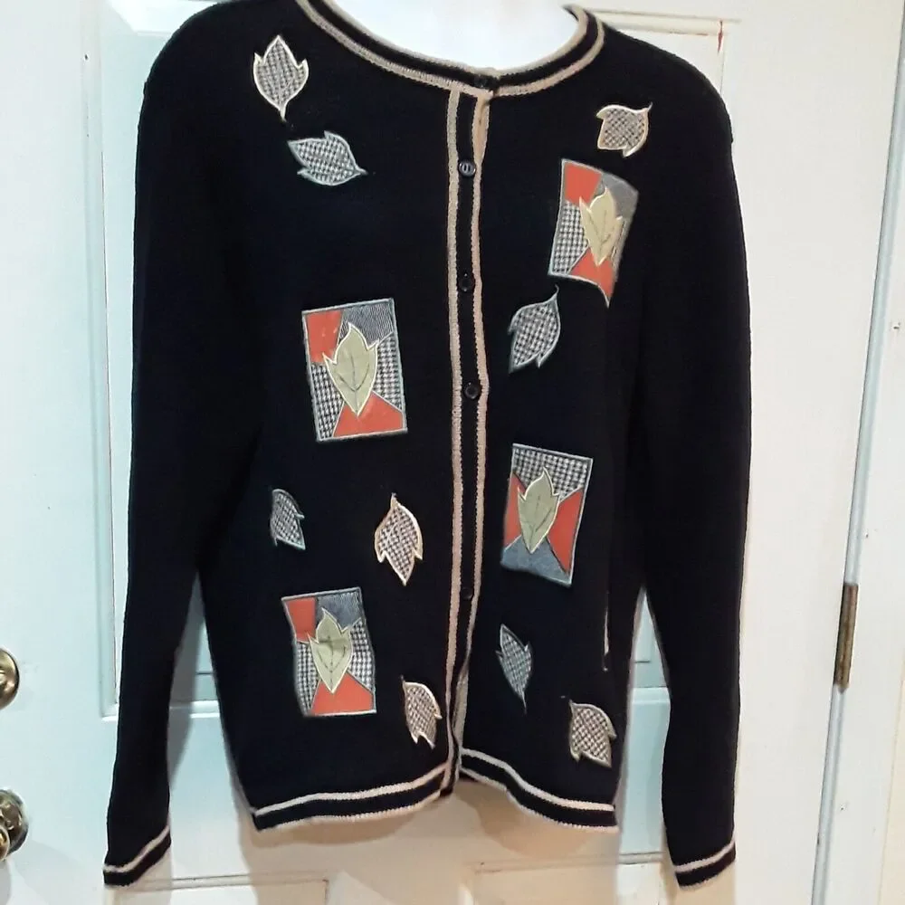 Vintage Autumn Sweater, Cardigan Bobbie Brooks Fall Leaves Applique, XL